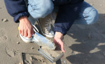 The sand sample is then transported from the collection frame into a metal container. The sand sample is then transported from the collection frame into a metal container. (Photo: Bruno Walther)