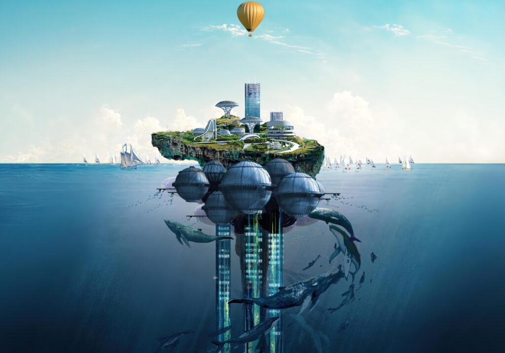 Futuristische Stadt im Meer als Illustration zum Ocean Future Lab